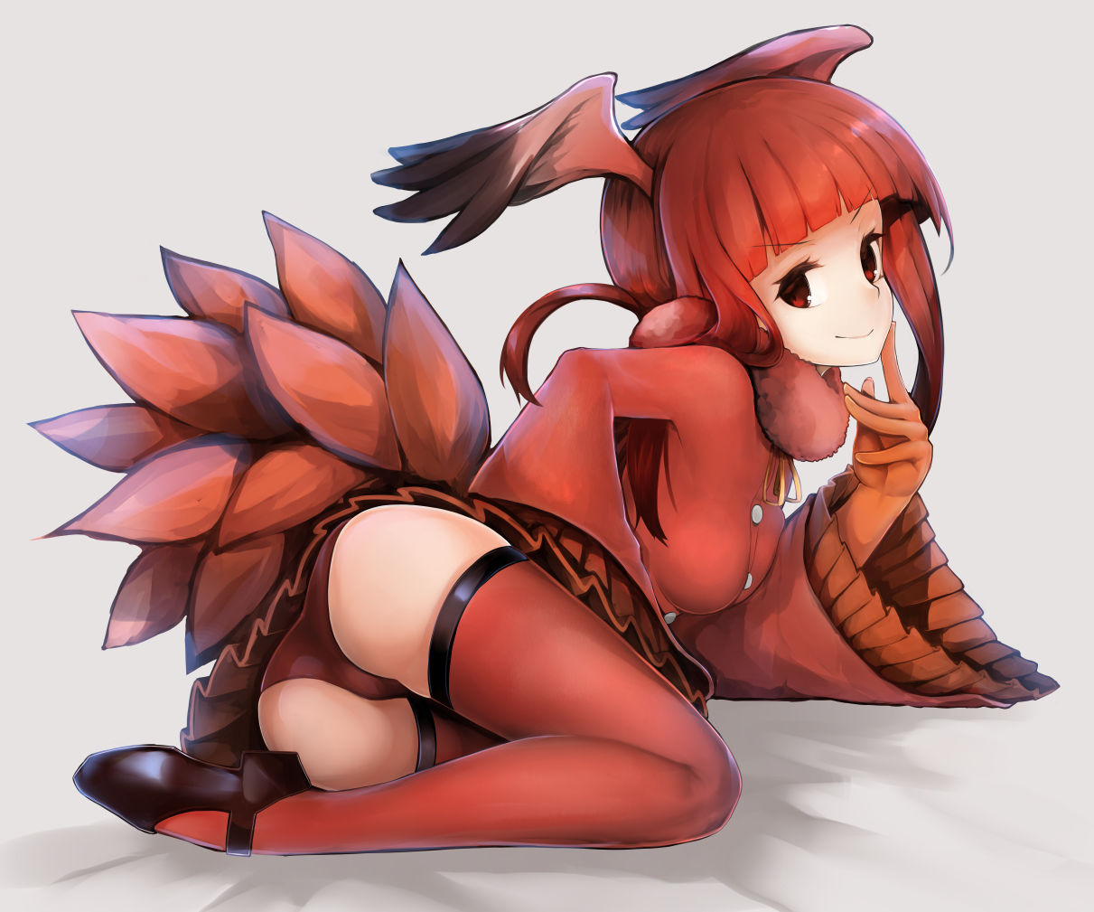 &gt;:) 1girl ass bangs blunt_bangs buttons finger_to_cheek fur_collar hachachi head_wings kemono_friends long_hair long_sleeves looking_at_viewer lying miniskirt on_side panties pleated_skirt red_eyes red_legwear red_panties red_shirt red_skirt redhead scarlet_ibis_(kemono_friends) shirt skirt smile solo tail_feathers thigh-highs underwear wide_sleeves