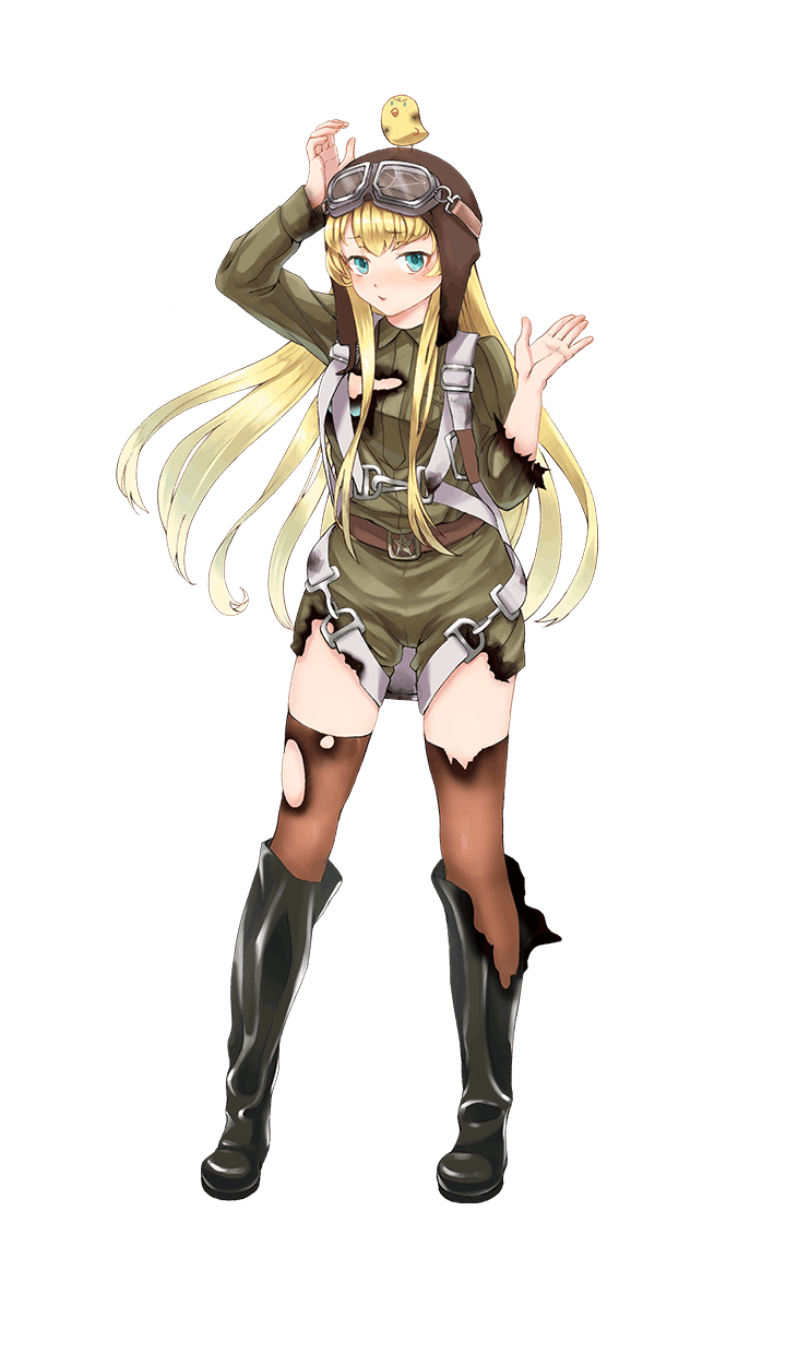 1girl aviator_cap bird black_boots blonde_hair blue_eyes blue_hair blush boots brown_legwear chick formation_girls full_body goggles hand_on_own_head highres jitome kniferui long_hair margarita_zhitnikova official_art solo thigh-highs torn_boots torn_clothes torn_thighhighs transparent_background