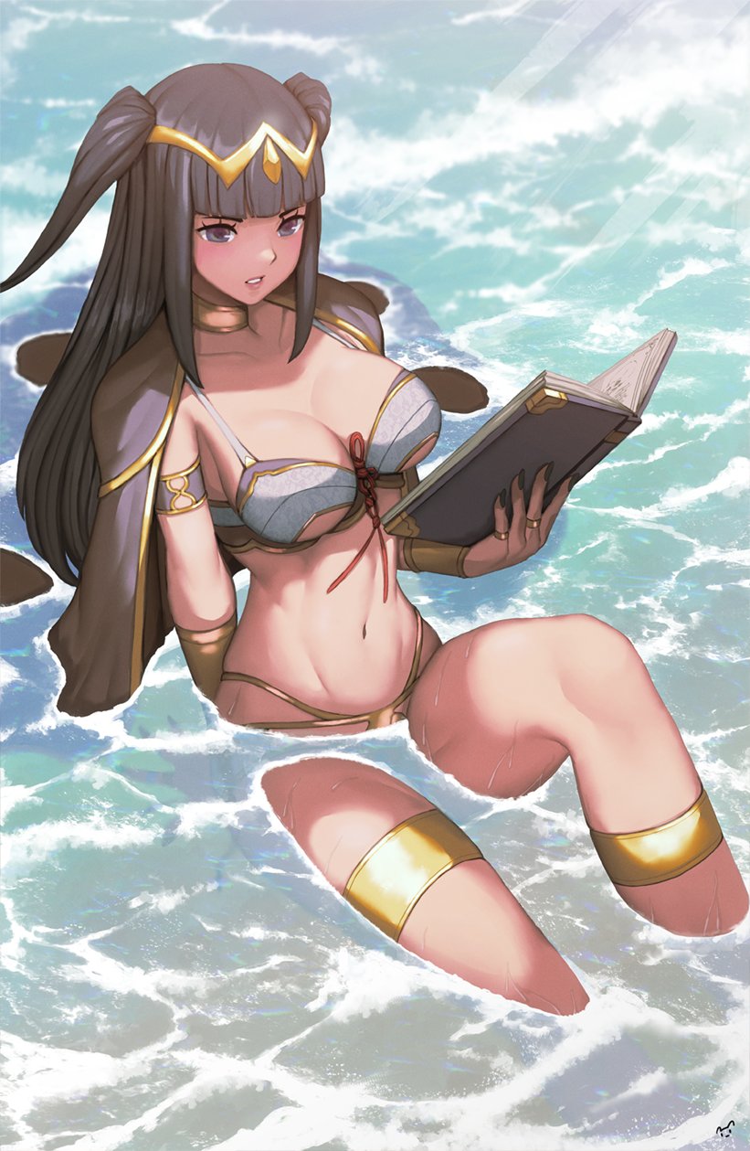 1girl alternate_costume armlet beach bikini black_eyes black_hair book bracer breasts cape choker cleavage fire_emblem fire_emblem:_kakusei highres hime_cut jewelry mynare navel parted_lips partially_submerged ring solo stomach sunlight swimsuit tharja thigh_strap tiara twintails water wet