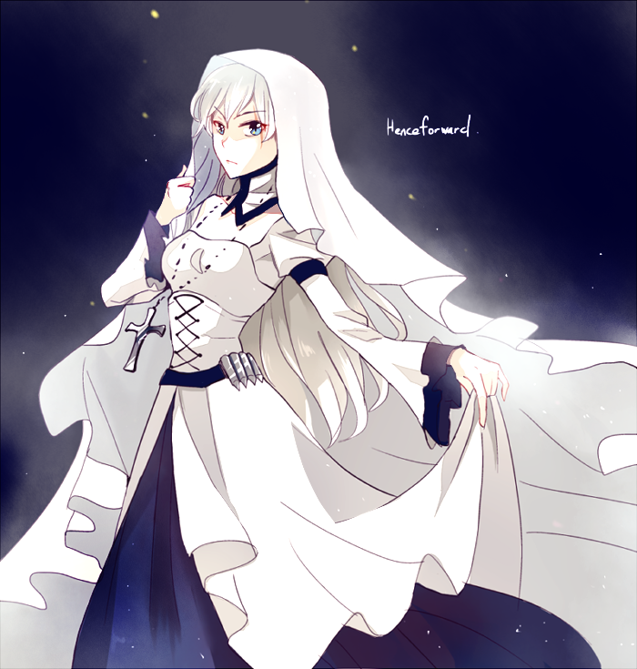 1girl alternate_costume alternate_universe blue_eyes corset habit kuma_(bloodycolor) long_hair nun rosary rwby scar scar_across_eye solo weiss_schnee white_hair