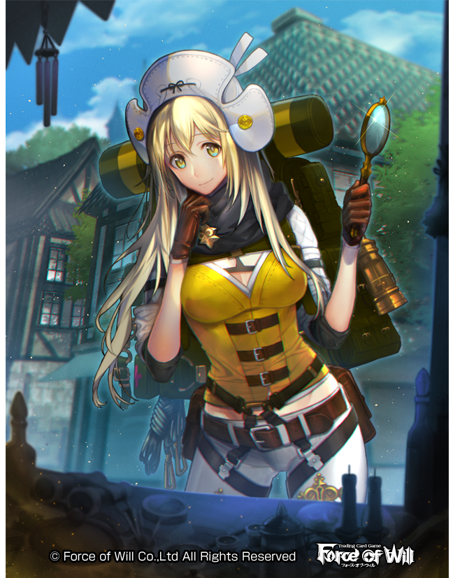 1girl aym bag belt blonde_hair breasts building cleavage copyright_name force_of_will gloves hat long_hair magnifying_glass official_art transparent_background tree upper_body yellow_eyes