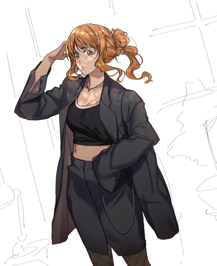 1girl bangs brown_eyes brown_hair coat cropped_legs idolmaster idolmaster_cinderella_girls jewelry k52 looking_at_viewer midriff moroboshi_kirari necklace pencil_skirt ponytail sidelocks simple_background skirt solo tank_top