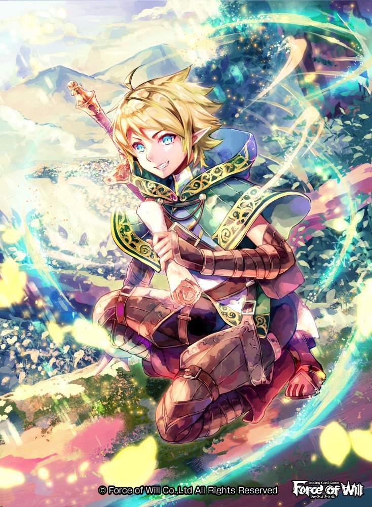 1boy ahoge blonde_hair blue_eyes boots copyright_name force_of_will hood hood_down leaf male_focus official_art pointy_ears scroll solo sparkle sword teeth tsukumi weapon