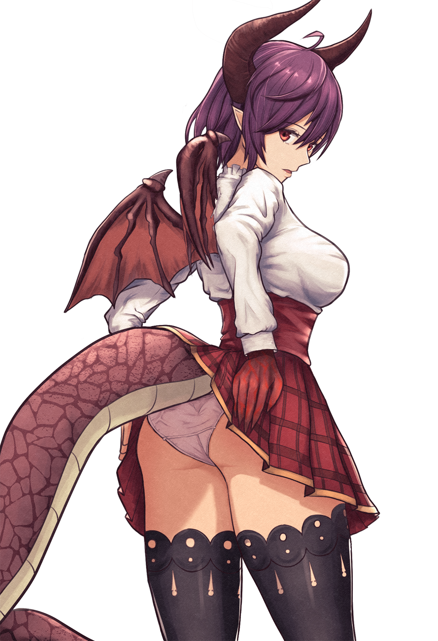 1girl ass black_legwear breasts cowboy_shot dragon_horns dragon_tail dragon_wings from_behind granblue_fantasy grea_(shingeki_no_bahamut) hair_between_eyes head_tilt high-waist_skirt highres horns large_breasts long_sleeves looking_back moppo panties parted_lips plaid plaid_skirt pleated_skirt pointy_ears purple_hair red_eyes red_skirt shingeki_no_bahamut shirt simple_background skirt solo tail thigh-highs underwear white_background white_panties white_shirt wings