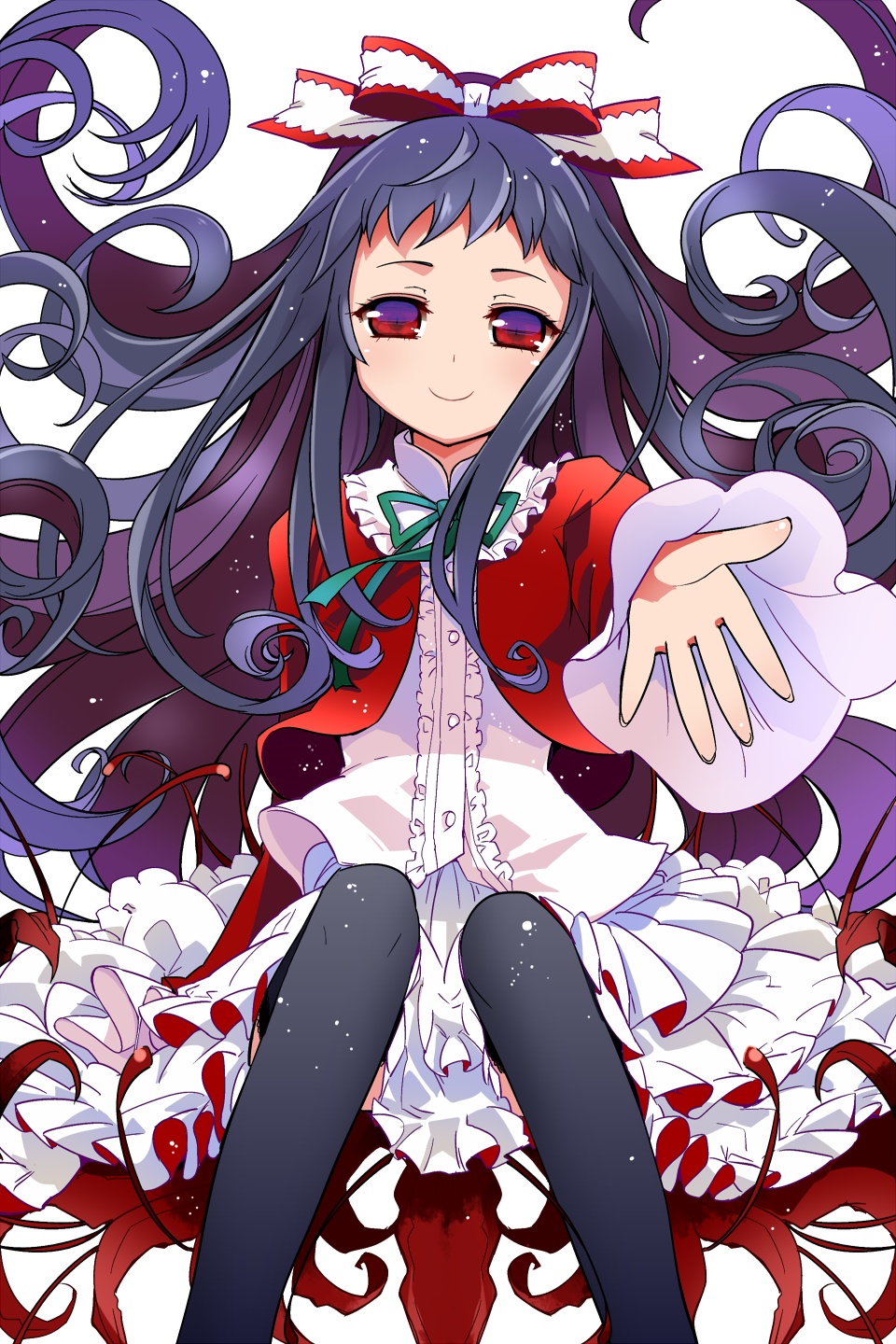 1girl bangs black_legwear bow fingernails flower frilled_skirt frills gradient gradient_eyes higanbana_(higanbana_no_saku_yoru_ni) higanbana_no_saku_yoru_ni highres kamaboko_red long_fingernails long_hair looking_at_viewer multicolored multicolored_eyes outstretched_hand purple_hair red_eyes ribbon sitting skirt smile solo spider_lily thigh-highs transparent_background violet_eyes