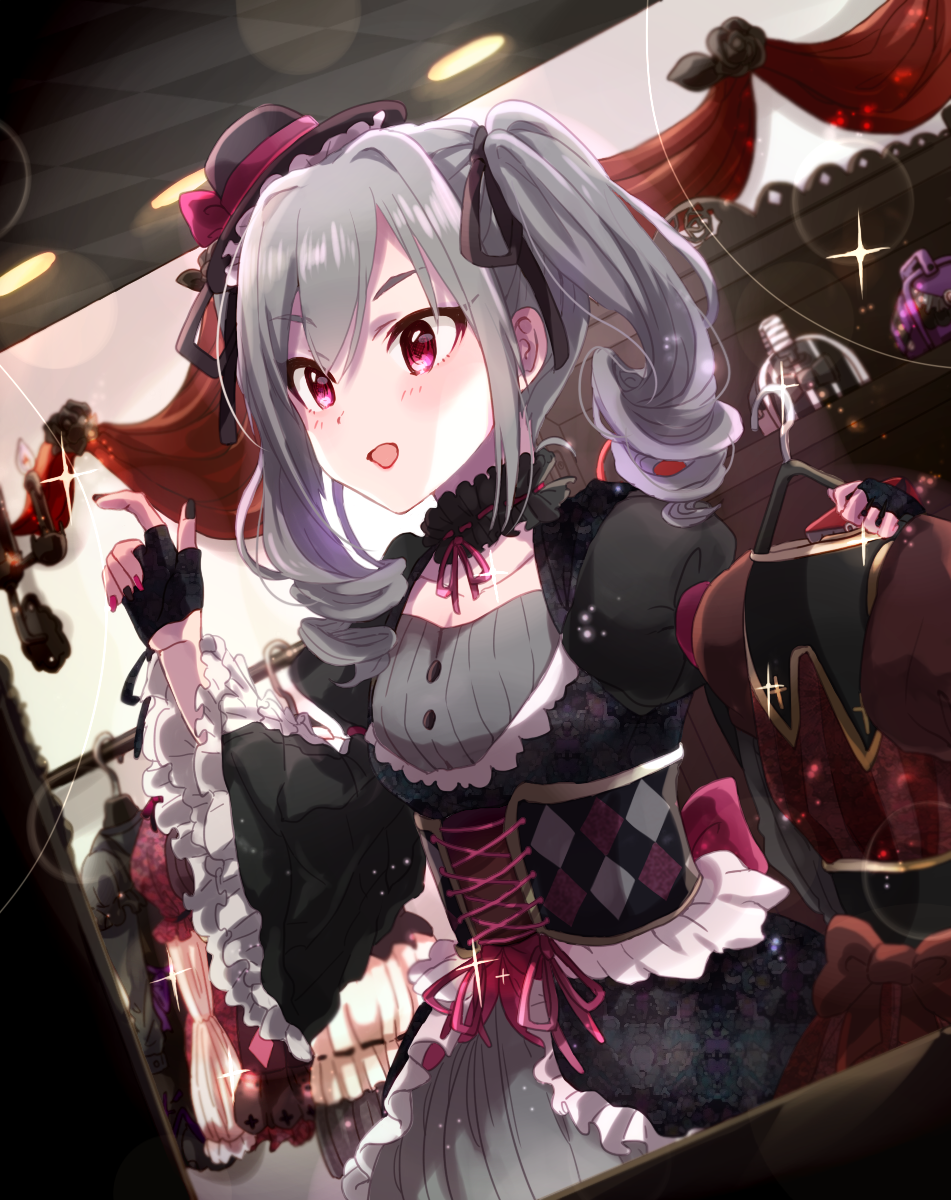 1girl anaroguya clothes_hanger dress drill_hair dutch_angle fingerless_gloves gloves gothic_lolita hat highres idolmaster idolmaster_cinderella_girls kanzaki_ranko lolita_fashion long_hair open_mouth red_eyes silver_hair smile solo twin_drills