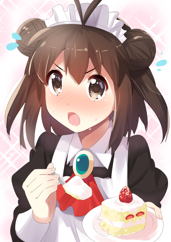 1girl ahoge blush brown_eyes brown_hair cake double_bun food fruit kantai_collection maid maid_headdress naka_(kantai_collection) open_mouth short_hair solo strawberry tonari_no_kai_keruberosu