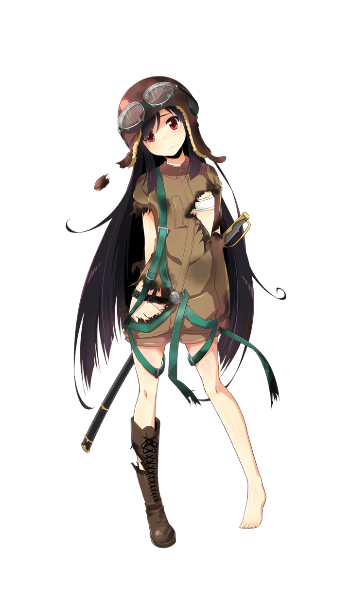 1girl aviator_cap barefoot black_hair boots brown_boots cross-laced_footwear doi_takami formation_girls full_body goggles goggles_on_headwear hair_over_one_eye highres lace-up_boots long_hair looking_at_viewer official_art red_eyes sarashi sheath sheathed shoes short_shorts shorts single_shoe solo sw sword torn_clothes transparent_background very_long_hair weapon
