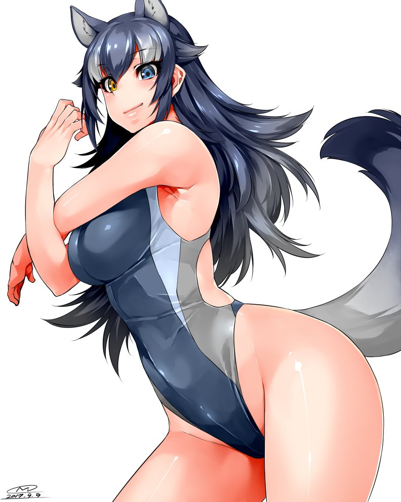 1girl alternate_costume animal_ears arched_back bangs black_hair blue_eyes blush breasts dated ears extra_ears eyebrows_visible_through_hair from_side gradient_hair grey_hair grey_wolf_(kemono_friends) hair_between_eyes happa_(cloverppd) heterochromia hips kemono_friends long_hair looking_at_viewer medium_breasts multicolored_hair one-piece_swimsuit outline shiny shiny_hair shiny_skin signature simple_background smile solo streaked_hair swimsuit tail thighs very_long_hair white_background wolf_ears wolf_tail yellow_eyes