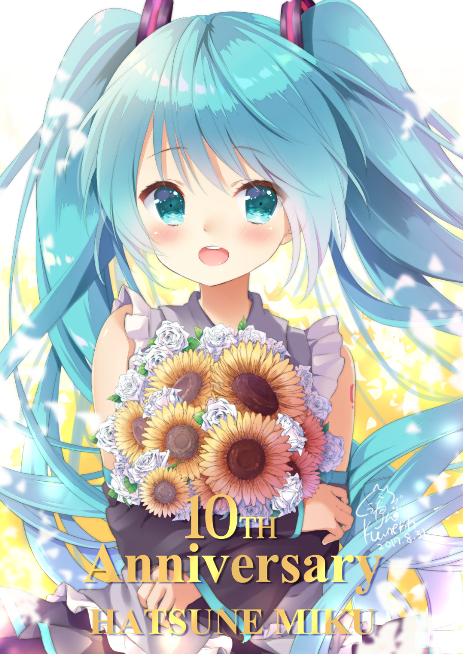1girl :d anniversary aqua_eyes aqua_hair bangs black_sleeves blush bouquet character_name commentary_request detached_sleeves eyebrows_visible_through_hair flower hair_ornament hatsune_miku highres holding kuune_rin long_hair long_sleeves looking_to_the_side open_mouth shirt signature simple_background skirt sleeveless sleeveless_shirt smile solo sunflower tattoo twintails upper_body very_long_hair vocaloid wide_sleeves