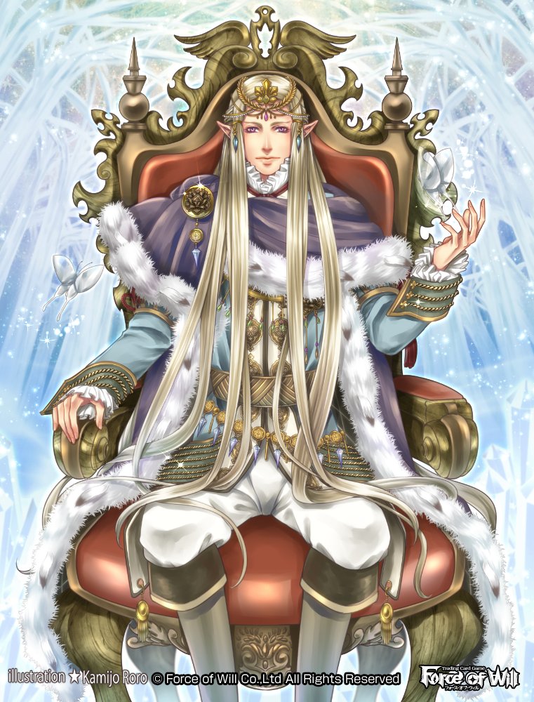 1boy blonde_hair boots butterfly cape copyright_name force_of_will fur_trim kamijororo long_hair male_focus official_art pointy_ears sitting solo sparkle throne tiara tree violet_eyes