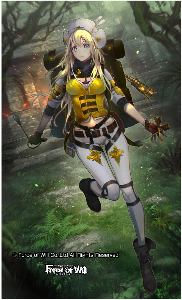 1girl aym bag belt blonde_hair boots breasts cleavage copyright_name dart force_of_will full_body gloves grass hat lamp leaf long_hair official_art transparent_background tree yellow_eyes
