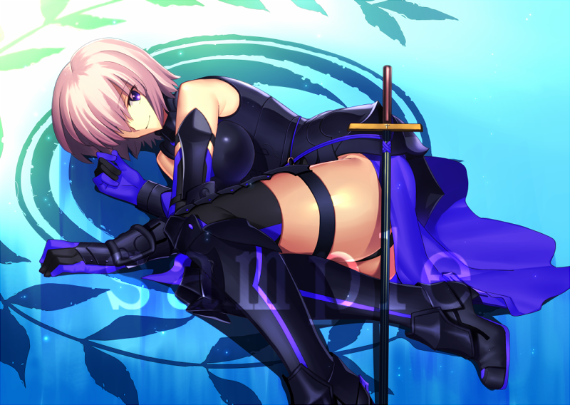 1girl amored_boots black_boots boots breasts gloves hair_over_one_eye high_heel_boots high_heels large_breasts looking_at_viewer lying on_side pink_hair sample sen_(77nuvola) shielder_(fate/grand_order) shiny shiny_skin short_hair smile solo thigh_strap violet_eyes