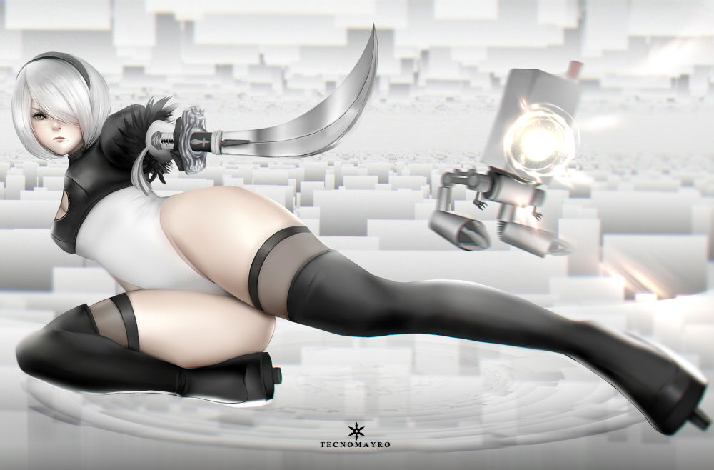 1girl black_boots black_hairband boots breasts cleavage_cutout feather-trimmed_sleeves frown grey_eyes hair_over_one_eye hairband high_heel_boots high_heels highleg highleg_leotard juliet_sleeves leotard long_sleeves medium_breasts mole mole_under_mouth nier_(series) nier_automata no_blindfold no_dress pod_(nier_automata) puffy_sleeves short_hair silver_hair solo sword tecnomayro thigh-highs thigh_boots thighhighs_under_boots vambraces weapon white_leotard yorha_no._2_type_b