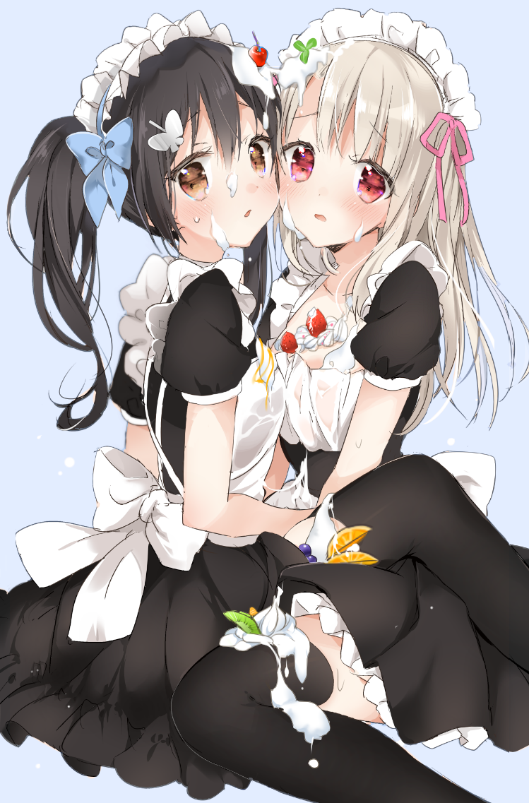 2girls apron bangs black_dress black_hair black_legwear blonde_hair blue_background blue_hairband blue_ribbon blueberry blush bow breast_press breasts brown_eyes brown_hair butterfly_hair_ornament cherry closed_mouth commentary_request dress eyebrows_visible_through_hair face-to-face fate/kaleid_liner_prisma_illya fate_(series) food frilled_apron frills from_side fruit hair_between_eyes hair_ornament hair_ribbon hairband heart illyasviel_von_einzbern long_hair looking_at_viewer maid maid_apron maid_headdress miyu_edelfelt multiple_girls open_mouth orange orange_slice parted_lips pink_eyes pink_ribbon platinum_blonde puffy_short_sleeves puffy_sleeves red_eyes ribbon short_sleeves side_ponytail silver_hair simple_background sino_(sionori) sitting skindentation small_breasts smile spill strawberry sweatdrop symmetrical_docking tareme thigh-highs thighs twintails waist_apron wariza whipped_cream white_apron white_bow