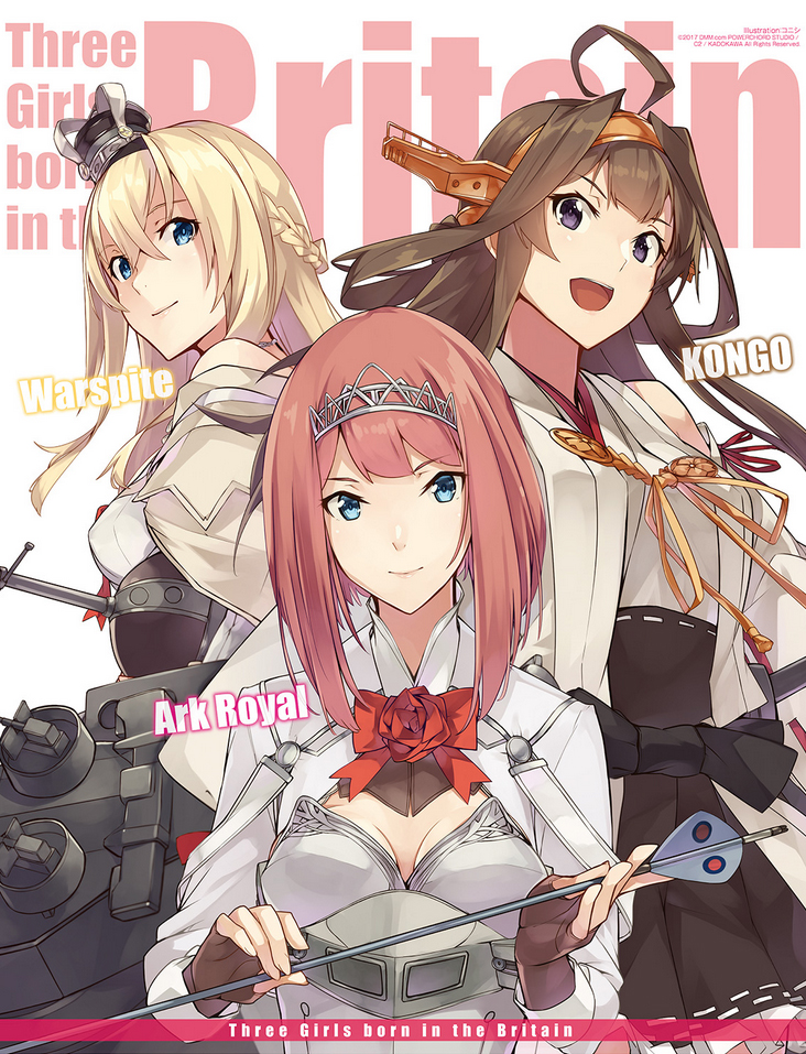 3girls ahoge ark_royal_(kantai_collection) arrow bangs blonde_hair blue_eyes bob_cut braid brown_hair corset crown detached_sleeves double_bun dress fingerless_gloves french_braid gloves hair_between_eyes hairband headgear japanese_clothes jewelry kantai_collection kongou_(kantai_collection) konishi_(koconatu) long_sleeves looking_at_viewer machinery mini_crown multiple_girls necklace nontraditional_miko off-shoulder_dress off_shoulder official_art red_ribbon redhead ribbon ribbon-trimmed_sleeves ribbon_trim scepter short_hair tiara violet_eyes warspite_(kantai_collection) white_dress