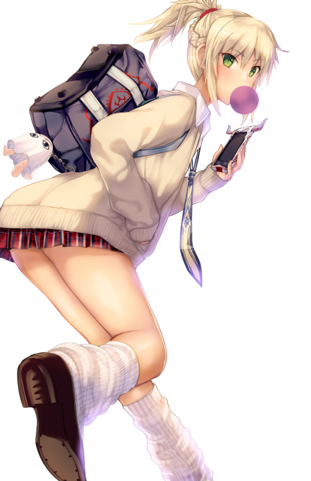 1girl bag bangs blonde_hair braid brown_shoes bubble_blowing cellphone chewing_gum eyebrows_visible_through_hair fate/apocrypha fate/grand_order fate_(series) green_eyes hair_between_eyes half_updo hand_up holding holding_phone loafers looking_at_viewer loose_socks medjed miniskirt phone plaid plaid_skirt pleated_skirt ponytail red_skirt saber_of_red satou_daiji school_uniform shoes shoulder_bag sidelocks simple_background skirt sleeves_past_wrists smartphone socks solo sweater thighs white_background