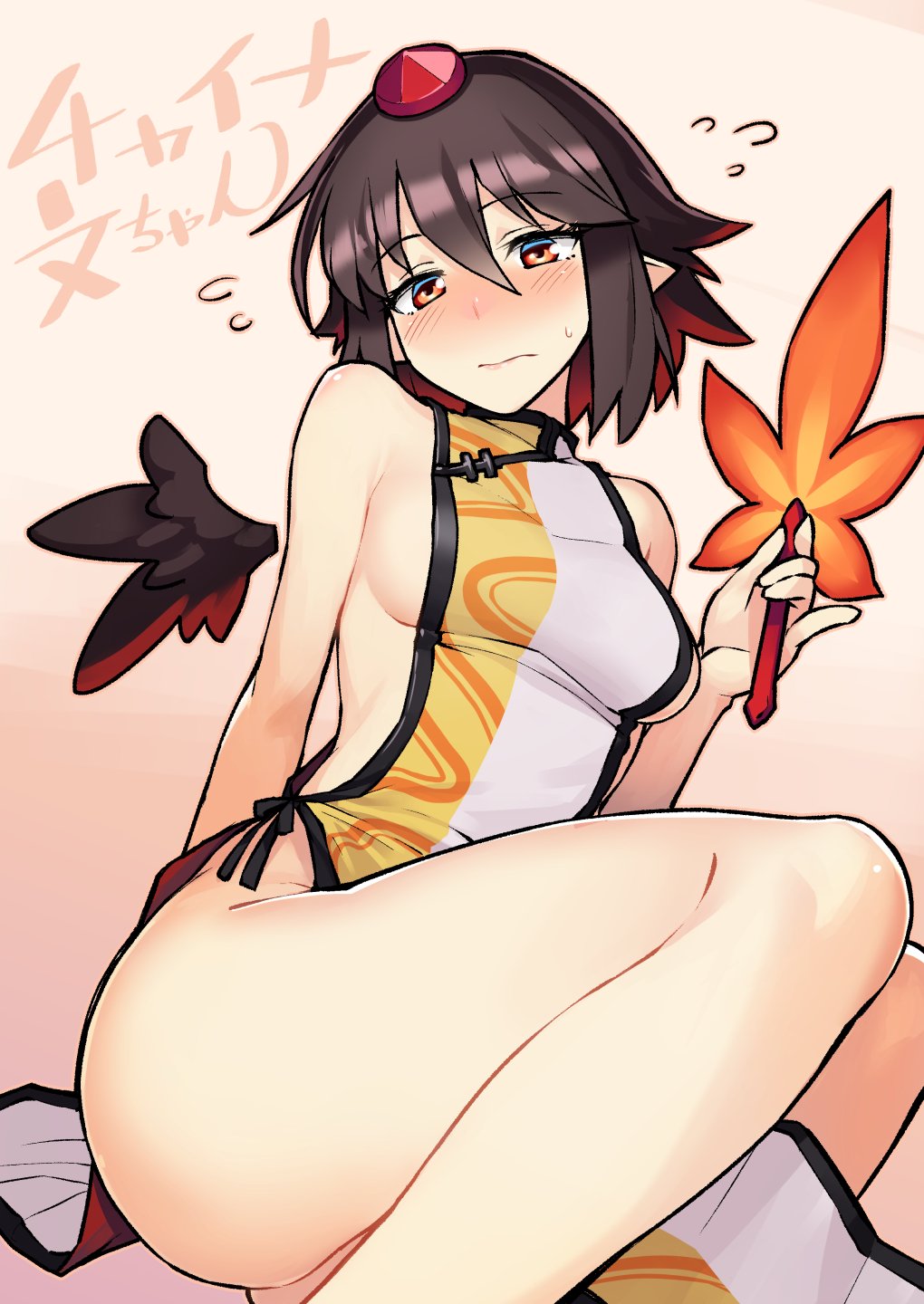 1girl bare_shoulders black_hair black_wings blush breasts china_dress chinese_clothes dress fan feathered_wings flying_sweatdrops gradient gradient_background hair_between_eyes hat highres looking_at_viewer medium_breasts no_bra no_panties pointy_ears red_eyes shameimaru_aya short_hair sideboob sitting solo taketora_suzume tokin_hat touhou wings