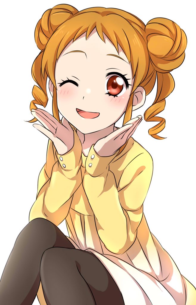 1girl aikatsu! bangs black_legwear blush character_request double_bun dress drill_hair feet_out_of_frame long_sleeves looking_at_viewer one_eye_closed orange_hair pantyhose parted_lips sekina simple_background sitting smile solo twin_drills upper_body white_background yellow_dress