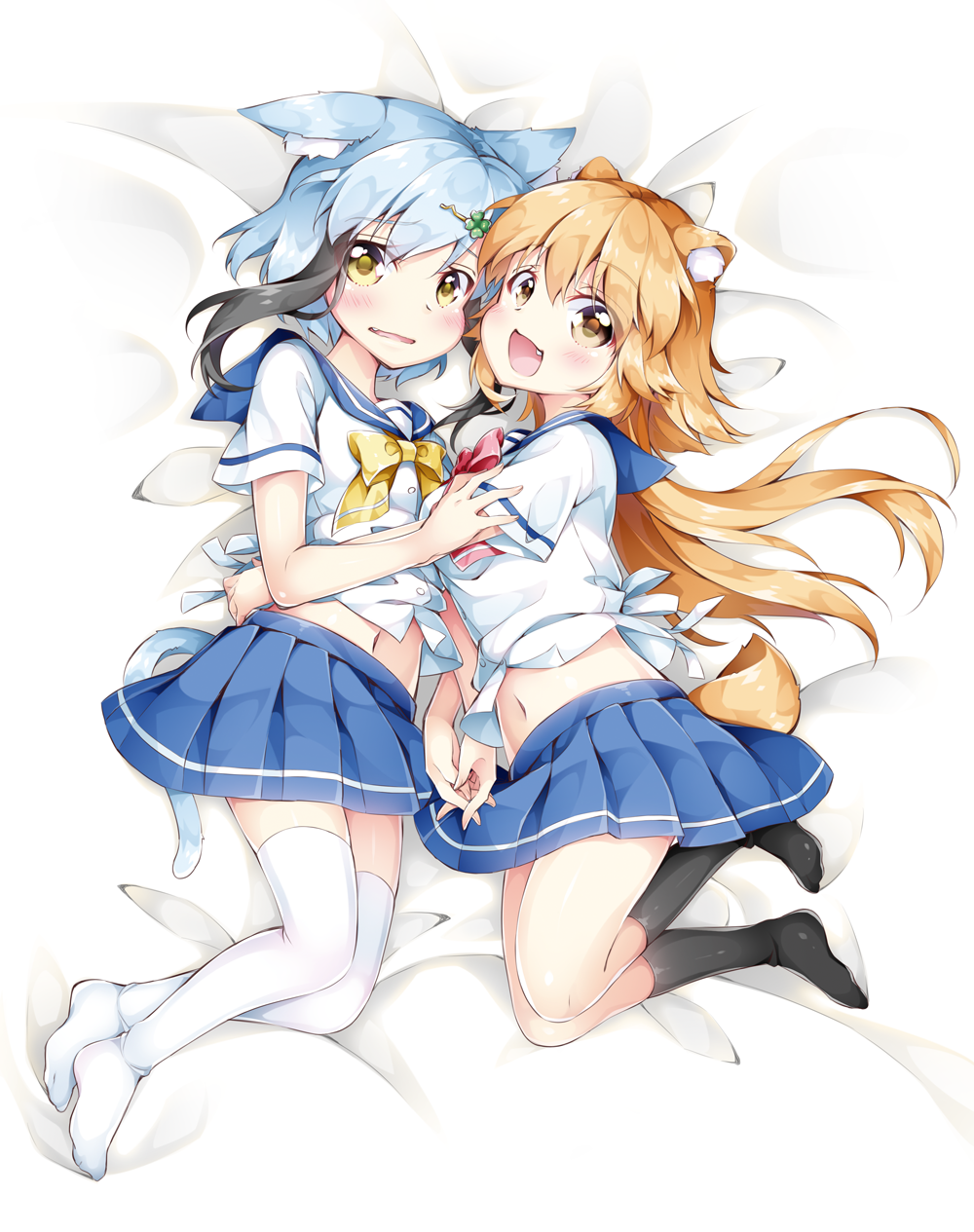 2girls :d animal_ears bangs bed_sheet black_hair black_legwear blue_hair blue_skirt blush bow brown_eyes brown_hair cat_ears cat_girl cat_tail clover_hair_ornament commentary_request dog_ears dog_girl dog_tail fang four-leaf_clover_hair_ornament from_above hair_between_eyes hair_ornament hairpin hand_holding hand_on_another's_hip highres interlocked_fingers inumine_aya kneehighs long_hair looking_at_viewer looking_to_the_side lying multicolored_hair multiple_girls navel on_side open_mouth original parted_lips pleated_skirt red_bow school_uniform serafuku shirt short_hair short_hair_with_long_locks short_sleeves sidelocks skirt smile tail thigh-highs two-tone_hair white_legwear white_shirt yellow_bow yellow_eyes
