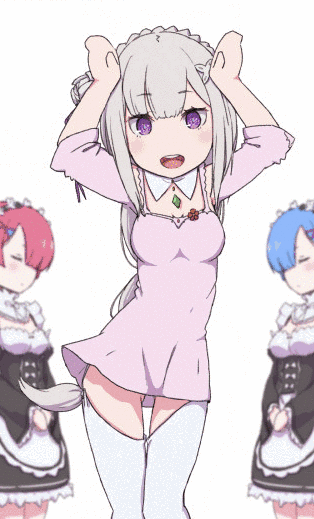 3girls :d ^_^ animated animated_gif apron armpits arms_up blue_hair blurry bouncing_breasts braid breasts caramelldansen closed_eyes cowboy_shot crown_braid depth_of_field detached_sleeves emilia_(re:zero) eyebrows_visible_through_hair flower gluteal_fold grey_hair hair_flower hair_ornament hair_over_one_eye hair_ribbon hairband large_breasts lolita_hairband long_hair looking_at_viewer low-tied_long_hair multiple_girls nightgown open_mouth own_hands_together panties pantyshot pantyshot_(standing) pink_hair ram_(re:zero) re:zero_kara_hajimeru_isekai_seikatsu rem_(re:zero) ribbon short_hair smile standing thigh-highs underwear violet_eyes waist_apron