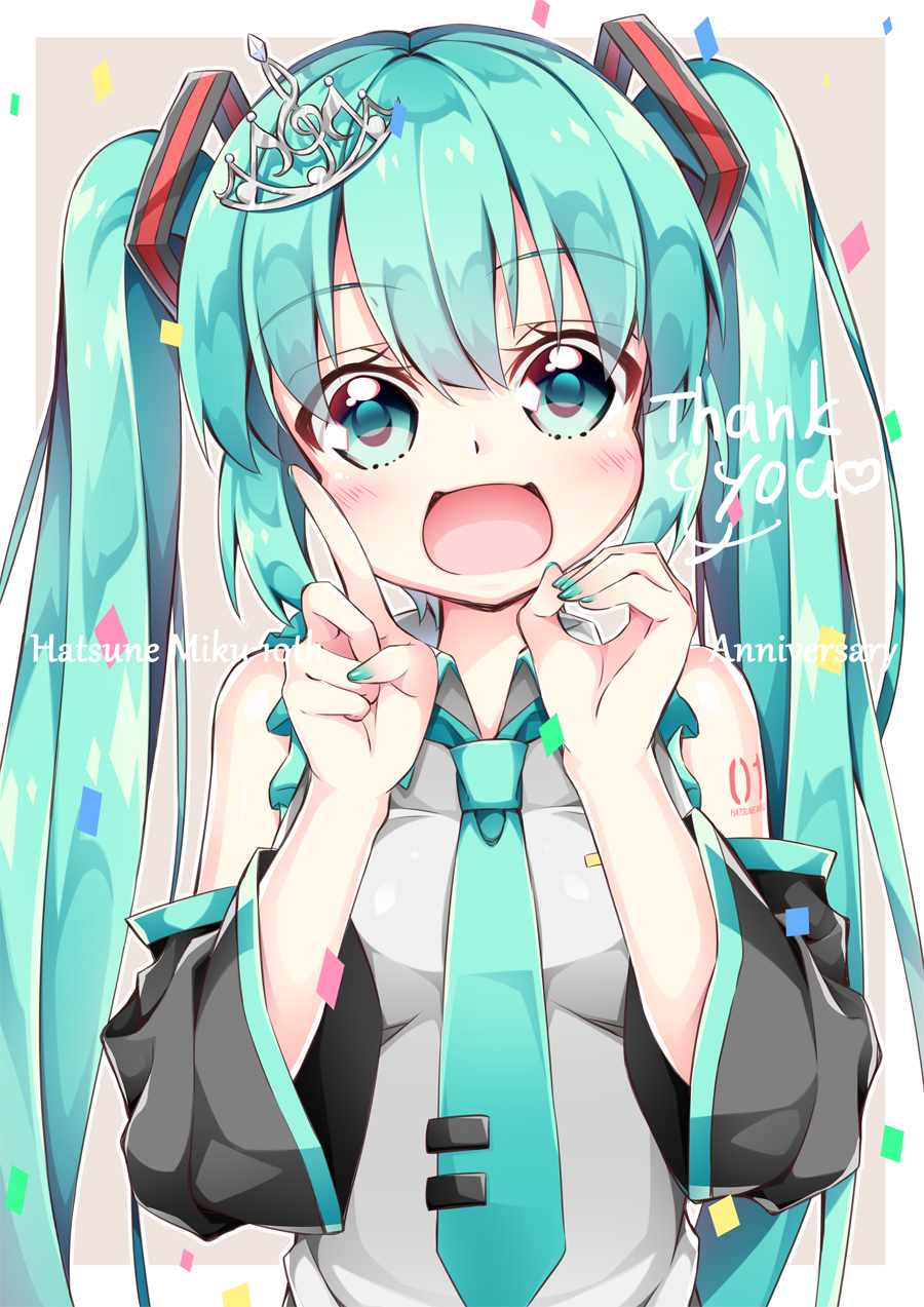 1girl :d anniversary aqua_eyes aqua_hair aqua_nails aqua_necktie black_sleeves blush character_name collared_shirt commentary_request confetti detached_sleeves eyebrows_visible_through_hair fingernails frilled_shirt frills grey_shirt hair_between_eyes hair_ornament hatsune_miku head_tilt heart highres index_finger_raised inumine_aya long_hair long_sleeves looking_at_viewer nail_polish necktie open_mouth shirt sidelocks sleeveless sleeveless_shirt smile solo thank_you treble_clef twintails very_long_hair vocaloid wide_sleeves