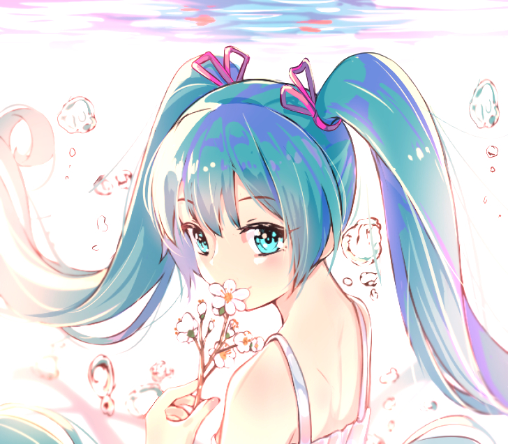 1girl air_bubble aqua_hair bangs blue_eyes bubble commentary_request dress eyebrows_visible_through_hair flower from_side hair_between_eyes hair_ribbon hatsune_miku holding holding_flower long_hair looking_at_viewer purple_ribbon revision ribbon sidelocks solo twintails underwater upper_body vocaloid white_dress white_flower yan_(nicknikg)