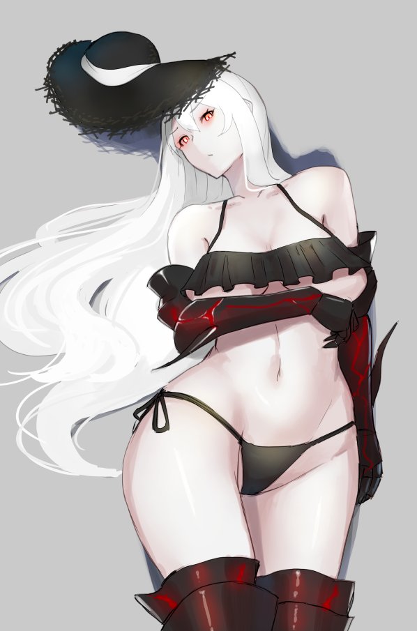 1girl aircraft_carrier_summer_hime bikini black_bikini black_gloves black_hat breast_lift breasts collarbone elbow_gloves gloves grey_background hat hayabusa kantai_collection large_breasts long_hair looking_at_viewer lying navel on_back pale_skin red_eyes shadow shinkaisei-kan side-tie_bikini solo sun_hat swimsuit thigh-highs under_boob white_hair