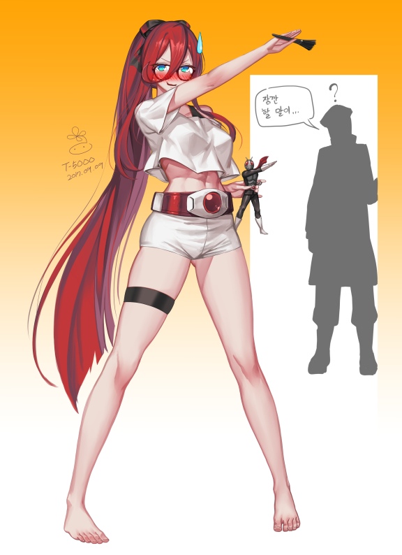 1girl ? arm_up barefoot belt blue_eyes blush character_name character_request copyright_request dated full_body girls_frontline gradient gradient_background hair_between_eyes korean long_hair looking_at_viewer nervous_smile nose_blush off-shoulder_shirt off_shoulder open_mouth orange_background pose redhead shirt short_shorts short_sleeves shorts silhouette smile solo speech_bubble standing suerte sweatdrop t-5000_(girls_frontline) thigh_strap translation_request very_long_hair white_shirt white_shorts