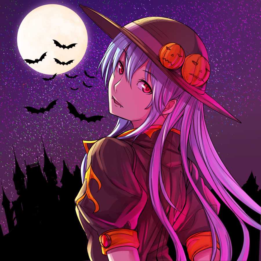 1girl alternate_color architecture arms_behind_back bat blue_hair brown_blouse eyebrows_visible_through_hair eyelashes fangs fangs_out full_moon gothic_architecture halloween hat hat_ornament hat_ribbon hinanawi_tenshi jack-o'-lantern kagaa_(user_vjrx4323) long_hair looking_at_viewer looking_back moon moonlight night outdoors puffy_short_sleeves puffy_sleeves red_eyes ribbon short_sleeves sky solo star_(sky) starry_sky touhou upper_body