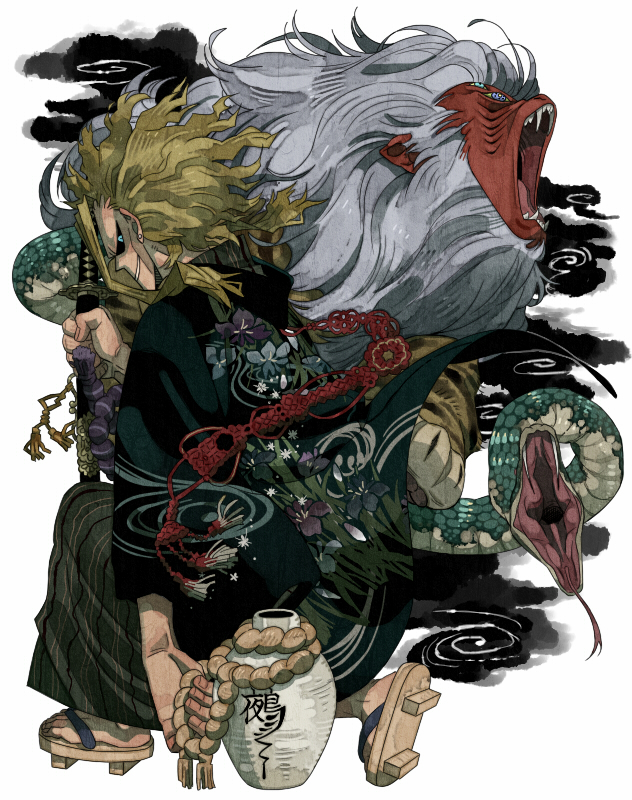 1boy all_might black_sclera blonde_hair blue_eyes boku_no_hero_academia fangs floral_print from_side full_body japanese_clothes jar kimono long_sleeves monkey nekodou_(yukatin1000) open_mouth sharp_teeth slippers smile snake solo sword teeth weapon wide_sleeves