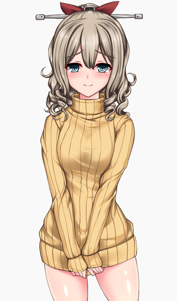 1girl blush breasts brown_hair closed_mouth cowboy_shot curly_hair eyebrows_visible_through_hair hair_between_eyes hair_ribbon hatakaze_(kantai_collection) high_ponytail kantai_collection large_breasts looking_at_viewer red_ribbon ribbed_sweater ribbon simple_background sleeves_past_wrists smile solo sweater turtleneck turtleneck_sweater v_arms white_background yellow_sweater z5987