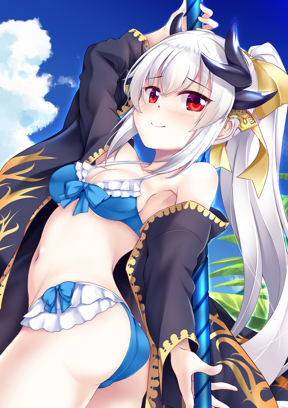 1girl ass bikini blue_bikini blush breasts cleavage fate/grand_order fate_(series) hair_ribbon highres hitsujibane_shinobu horns jacket kiyohime_(fate/grand_order) kiyohime_(swimsuit_lancer)_(fate) long_hair looking_at_viewer open_clothes open_jacket polearm ponytail red_eyes ribbon silver_hair small_breasts smile solo spear swimsuit weapon