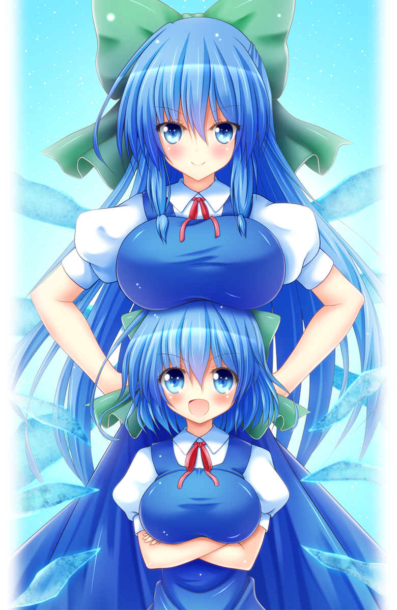 2girls blue_dress blue_eyes blue_hair bow breast_rest breasts breasts_on_head cirno cirno-nee commentary_request crossed_arms dress dual_persona eyebrows_visible_through_hair fairy_wings hair_between_eyes hair_bow hand_on_hip highres ice ice_wings large_breasts long_hair looking_at_viewer multiple_girls older open_mouth osashin_(osada) ribbon short_hair smile touhou wings