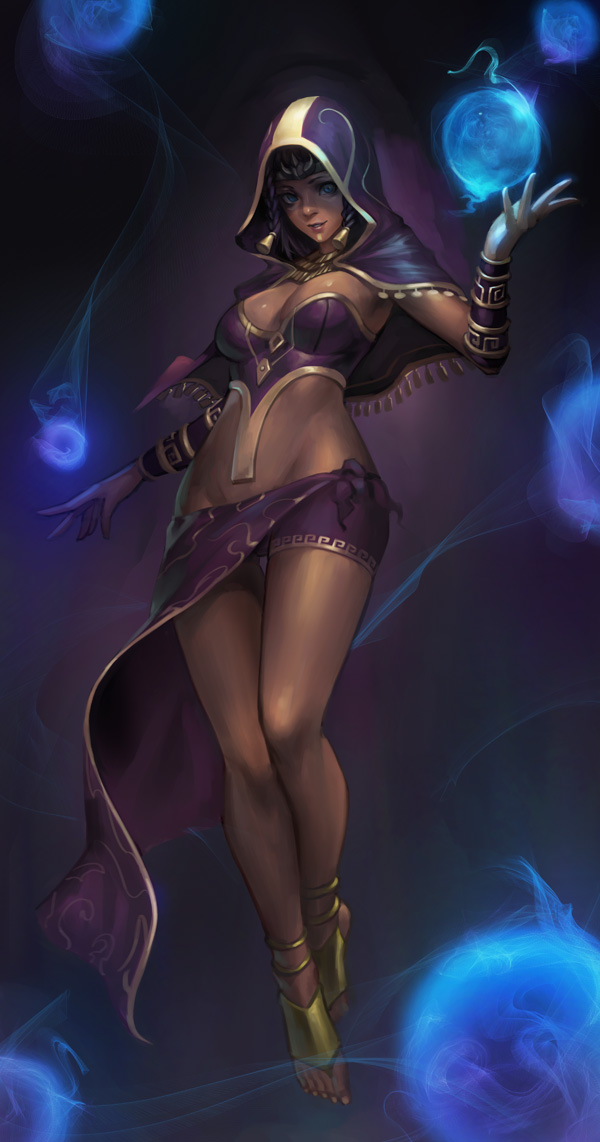 1girl alternate_costume anklet bracer braid breasts cleavage crystal_ball dark_background dark_skin energy_ball floating hood jewelry looking_at_viewer menat midriff phamoz short_shorts shorts solo stomach street_fighter street_fighter_v toes twin_braids