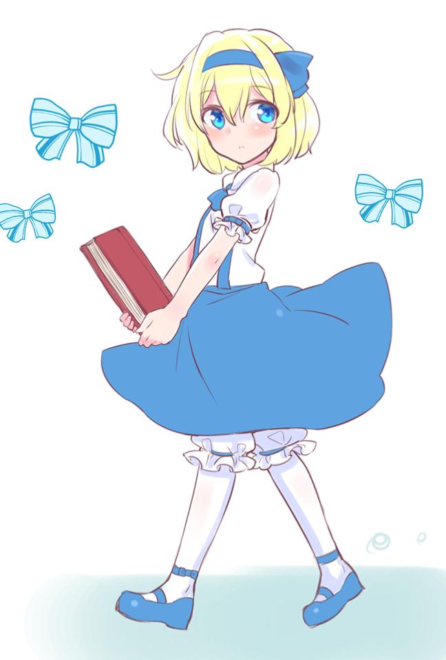 1girl alice_margatroid alice_margatroid_(pc-98) amefre bangs blonde_hair bloomers blue_bow blue_bowtie blue_eyes blue_hairband blue_shoes book bow bowtie collared_shirt commentary_request eyebrows_visible_through_hair from_side hair_bow hairband holding long_hair looking_at_viewer mary_janes medium_skirt parted_lips puffy_short_sleeves puffy_sleeves shirt shoes short_sleeves skirt socks solo standing suspender_skirt suspenders touhou touhou_(pc-98) underwear walking white_background white_legwear white_shirt