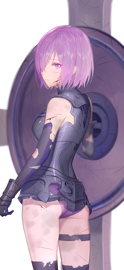 1girl ass black_gloves blush_scarlet broken bruise bruise_on_face elbow_gloves fate/grand_order fate_(series) gloves hair_over_one_eye holding_shield injury leotard looking_at_viewer looking_back purple_hair purple_leotard shield shielder_(fate/grand_order) shiny shiny_skin short_hair simple_background solo thigh_strap torn_clothes torn_gloves violet_eyes white_background