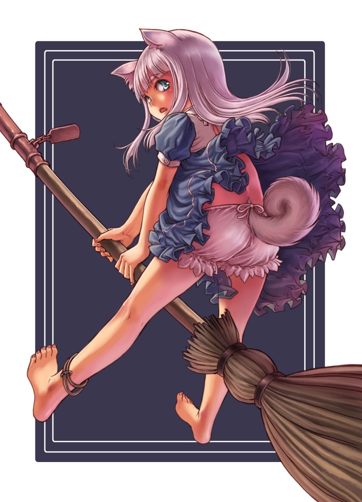 1girl animal_ears ass barefoot blue_eyes blush broom broom_riding dog_ears dog_tail eyebrows_visible_through_hair from_behind kosai_takayuki long_hair looking_at_viewer original parted_lips puffy_short_sleeves puffy_sleeves short_sleeves silver_hair solo tail