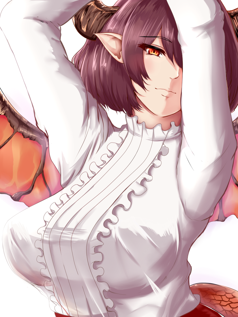 1girl arms_up breasts center_frills closed_mouth dragon_horns dragon_tail dragon_wings eyebrows_visible_through_hair granblue_fantasy grea_(shingeki_no_bahamut) hair_between_eyes head_tilt horns large_breasts looking_at_viewer maroon_hair pointy_ears red_eyes shirt short_hair solo tail upper_body white_background white_shirt wings yanagi_(aku-se)