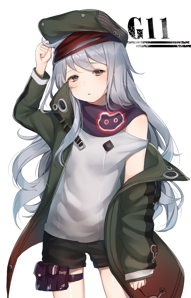1girl bangs black_shorts blush brown_eyes character_name coat cowboy_shot eyebrows_visible_through_hair flat_cap g11_(girls_frontline) girls_frontline grey_hair hat highres holster legs_apart long_hair looking_at_viewer messy_hair moffle_(2019) open_clothes open_coat parted_lips purple_scarf scarf short_shorts shorts simple_background sleeves_past_wrists solo thigh_holster thigh_strap very_long_hair white_background
