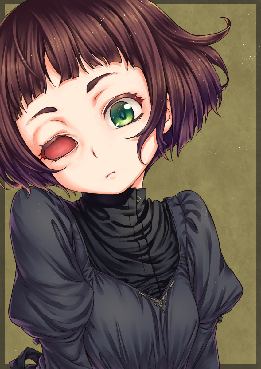 1girl bangs black_dress blunt_bangs border broiler brown_hair closed_mouth commentary dress eye_socket green_background green_eyes head_tilt highres long_sleeves looking_at_viewer one-eyed original puffy_long_sleeves puffy_sleeves short_hair solo thick_eyebrows upper_body
