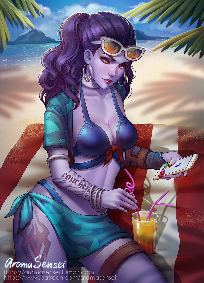 1girl alternate_costume aroma_sensei artist_name bangle beach beach_towel bikini bracelet breasts cellphone choker collarbone cote_d'azur_widowmaker cowboy_shot cup day drinking_glass drinking_straw earrings floral_print front-tie_bikini front-tie_top hair_slicked_back hoop_earrings jewelry leg_tattoo lips long_hair looking_at_phone lying medium_breasts navel nose on_side outdoors overwatch palm_tree phone playing_games purple_hair purple_lips purple_skin ribbon_choker sarong shade short_sleeves signature smartphone solo sunglasses sunglasses_on_head swimsuit tattoo tetris towel tree tree_branch watermark wavy_hair web_address white_choker widowmaker_(overwatch) yellow_eyes