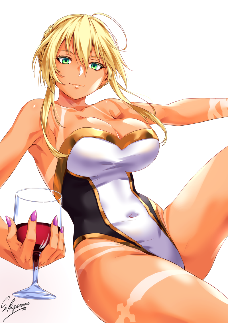 1girl ahoge armpits artist_name artoria_pendragon_(all) artoria_pendragon_(lancer) bangs blonde_hair braid breasts cleavage collarbone covered_navel cup cupping_glass drinking_glass fate/grand_order fate_(series) fingernails french_braid gold_trim green_eyes hair_between_eyes holding_glass knee_up large_breasts lips looking_at_viewer nail_polish one-piece_swimsuit purple_nails sakiyamama simple_background sitting smile solo strapless strapless_swimsuit swimsuit tan tanline two-tone_swimsuit white_background wine_glass