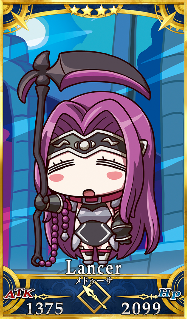 1girl black_gloves blush_stickers chibi closed_eyes collar fate/grand_order fate_(series) gloves highres holding holding_weapon long_hair medusa_(lancer)_(fate) no_nose official_art open_mouth purple_hair rider riyo_(lyomsnpmp) solo star very_long_hair weapon