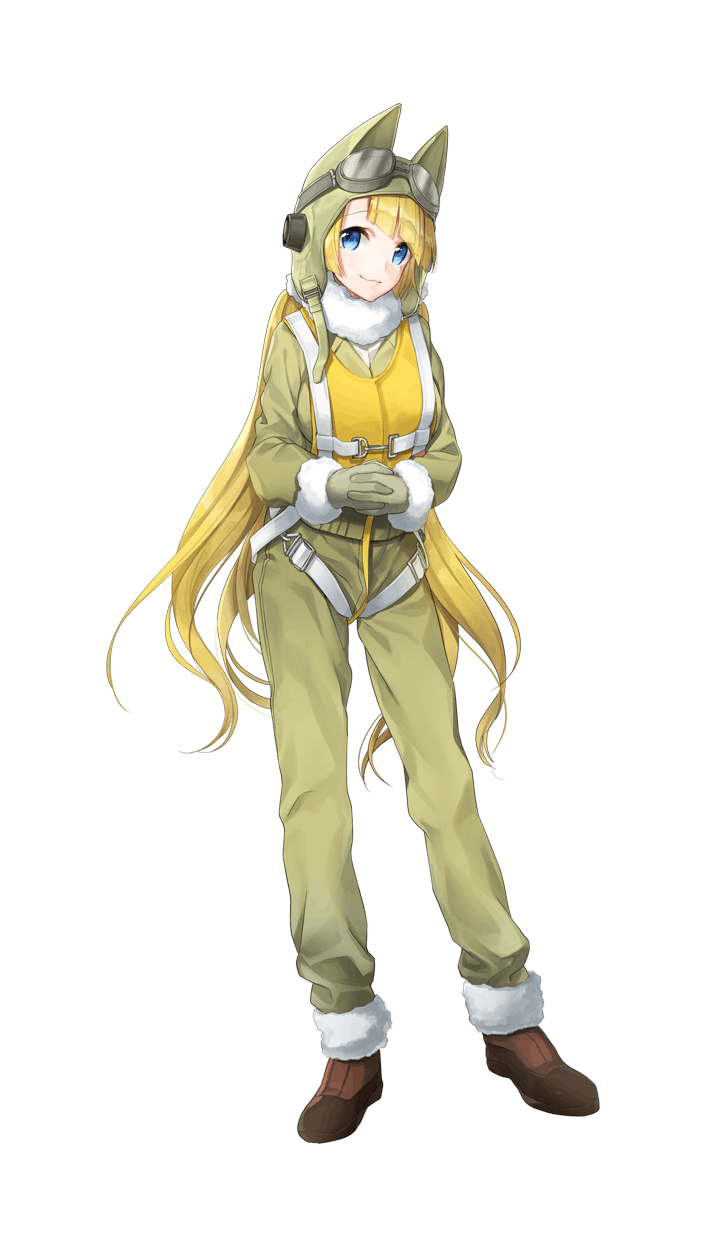 1girl alberta_wedemeyer animal_ears aviator_cap blonde_hair blue_eyes brown_shoes fake_animal_ears formation_girls full_body gloves goggles goggles_on_headwear hands_together highres kazune_(baumkuchen) long_hair shoes smile solo transparent_background very_long_hair yellow_vest
