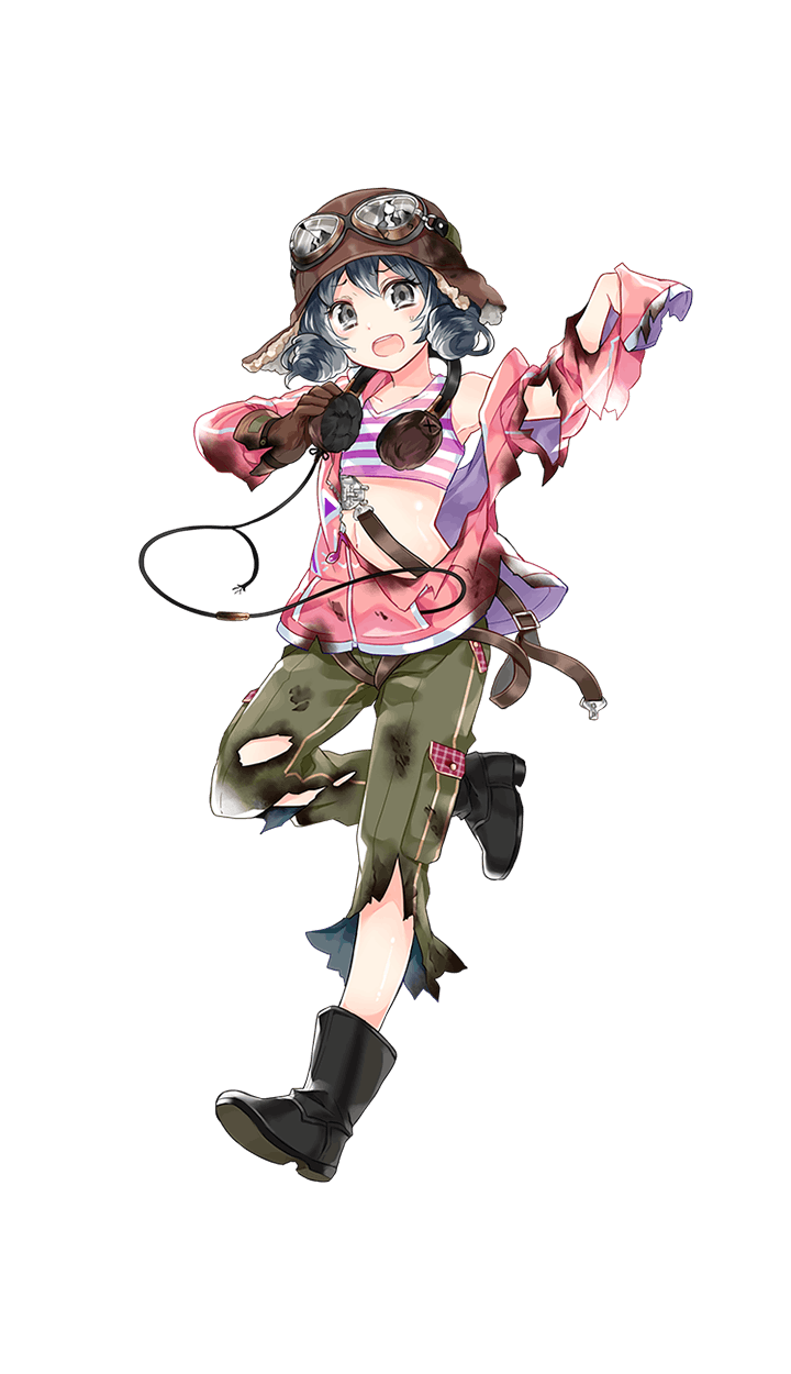 1girl :o aviator_cap black_boots black_hair blush boots broken_earphone brown_gloves drill_hair earphones formation_girls full_body gloves goggles goggles_on_headwear grey_eyes highres hood hoodie midriff navel official_art open_mouth ririkuto sleeves_past_wrists smile sweat takato_matsuri torn_clothes transparent_background twin_drills underwear