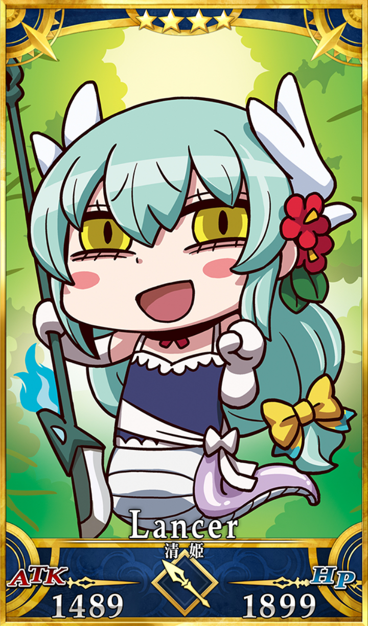 1girl aqua_hair bare_shoulders blush_stickers bow chibi fate/grand_order fate_(series) gloves hair_bow highres holding holding_naginata holding_weapon kiyohime_(fate/grand_order) kiyohime_(swimsuit_lancer)_(fate) lamia long_hair monster_girl official_art riyo_(lyomsnpmp) solo weapon white_gloves yellow_eyes