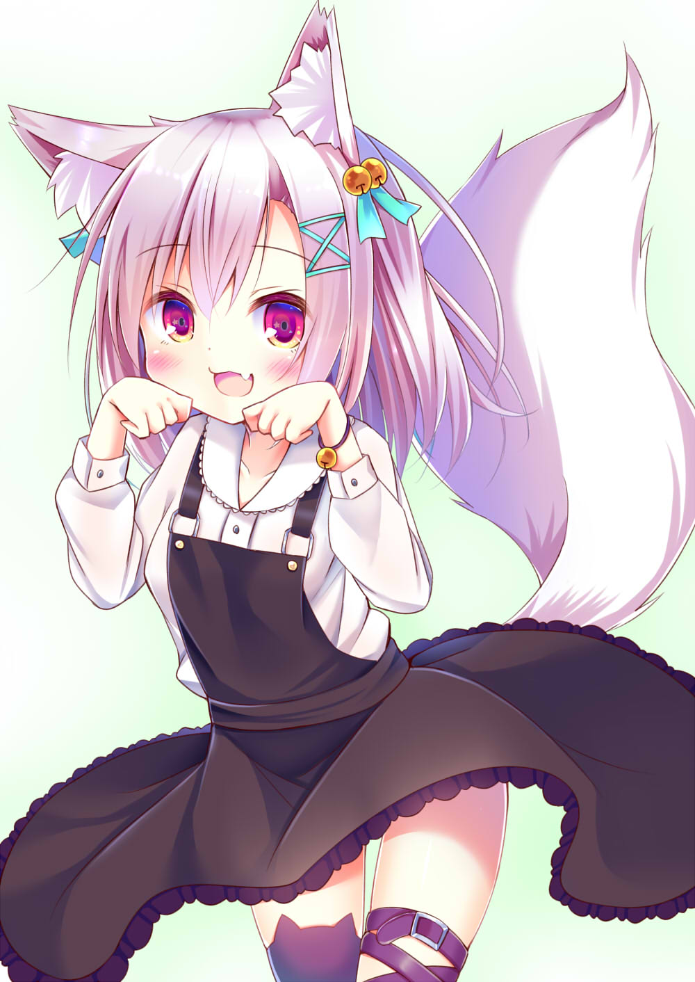 1girl :3 :d animal_band_legwear animal_ears asymmetrical_legwear bell black_legwear black_skirt blue_ribbon blush cat_band_legwear collarbone collared_shirt commentary_request cowboy_shot esureki eyebrows_visible_through_hair fang fox_ears fox_girl fox_tail frilled_skirt frills hair_bell hair_between_eyes hair_ornament hair_ribbon highres jingle_bell leg_belt long_hair long_sleeves open_mouth original overall_skirt paw_pose purple_belt purple_hair ribbon shirt simple_background single_thighhigh skirt smile solo star tail tareme thigh-highs violet_eyes white_background white_shirt