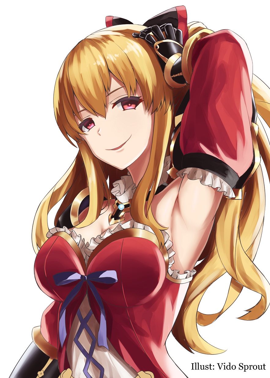 1girl armpits artist_name blonde_hair breasts cleavage detached_sleeves granblue_fantasy hair_between_eyes highres long_hair looking_at_viewer medium_breasts ponytail red_eyes smile solo vido_sprout vira white_background