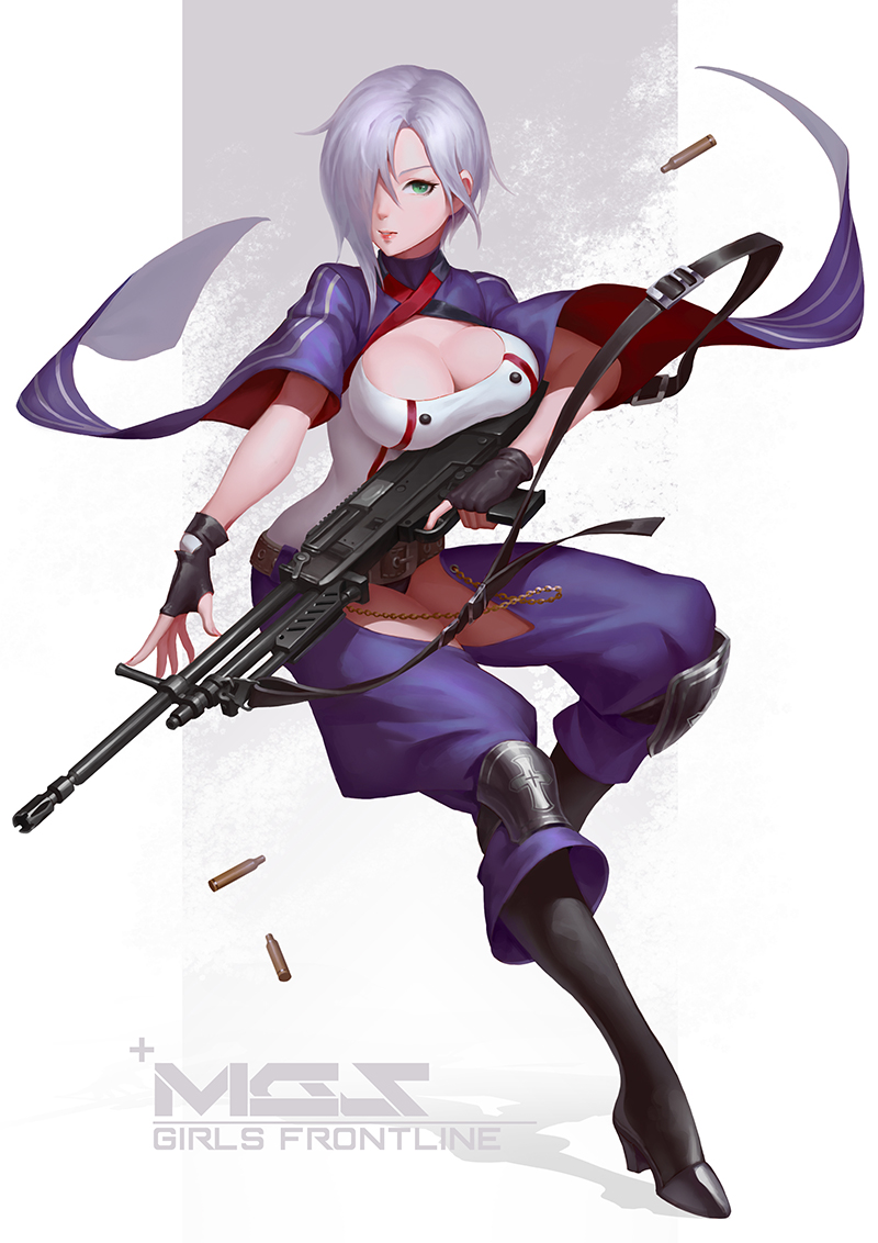 1girl asymmetrical_hair black_gloves black_legwear black_panties blue_pants breast_press breasts closed_mouth copyright_name finger_on_trigger fingerless_gloves girls_frontline gloves green_eyes gun hair_over_one_eye halterneck high_heels holding holding_gun holding_weapon large_breasts leaf98k looking_at_viewer machine_gun medium_hair mg5 mg5_(girls_frontline) one_eye_covered open_pants panties pants pantyhose pose shell_casing shirt short_sleeves solo underwear weapon white_shirt wide_sleeves